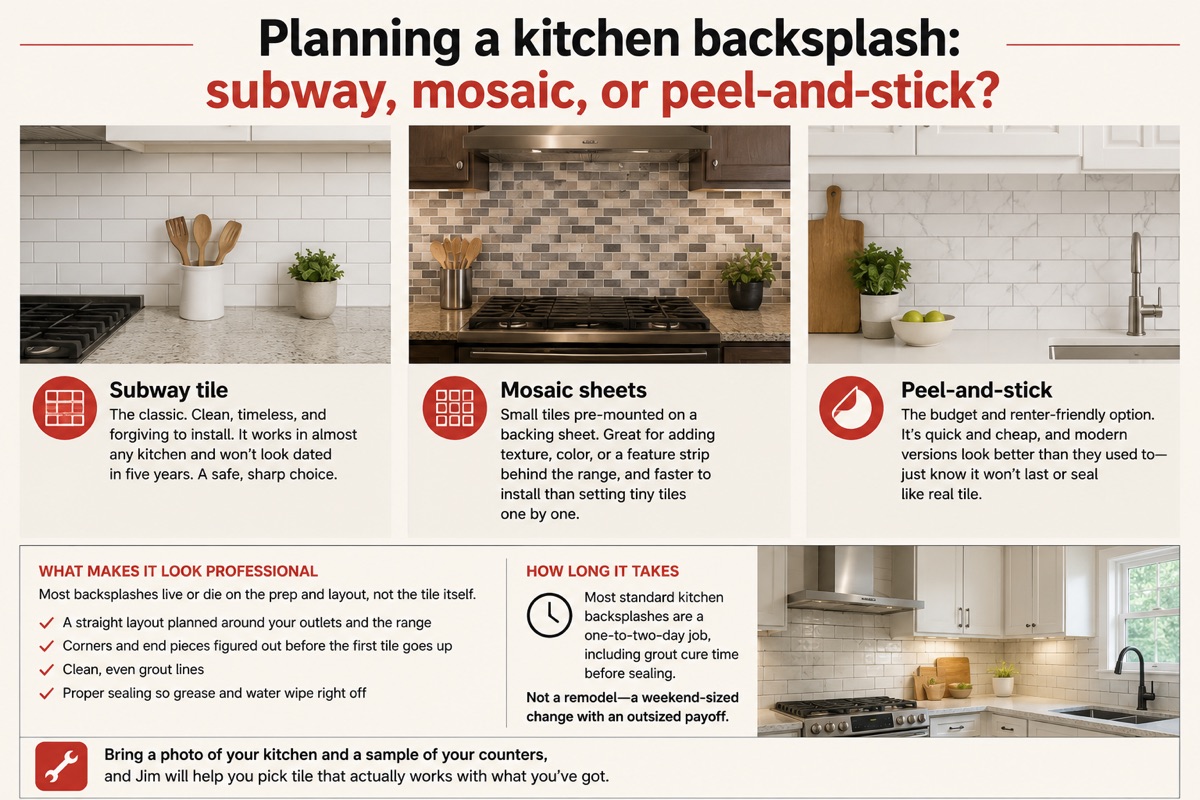 Planning a kitchen backsplash: subway, mosaic, or peel-and-stick?